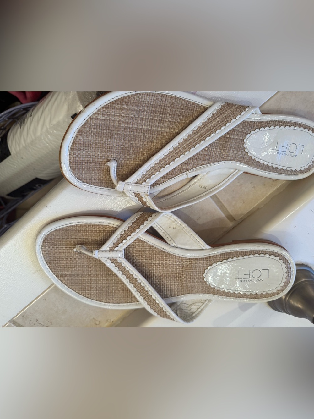 LOFT White and Natural Woven Thong Sandals
